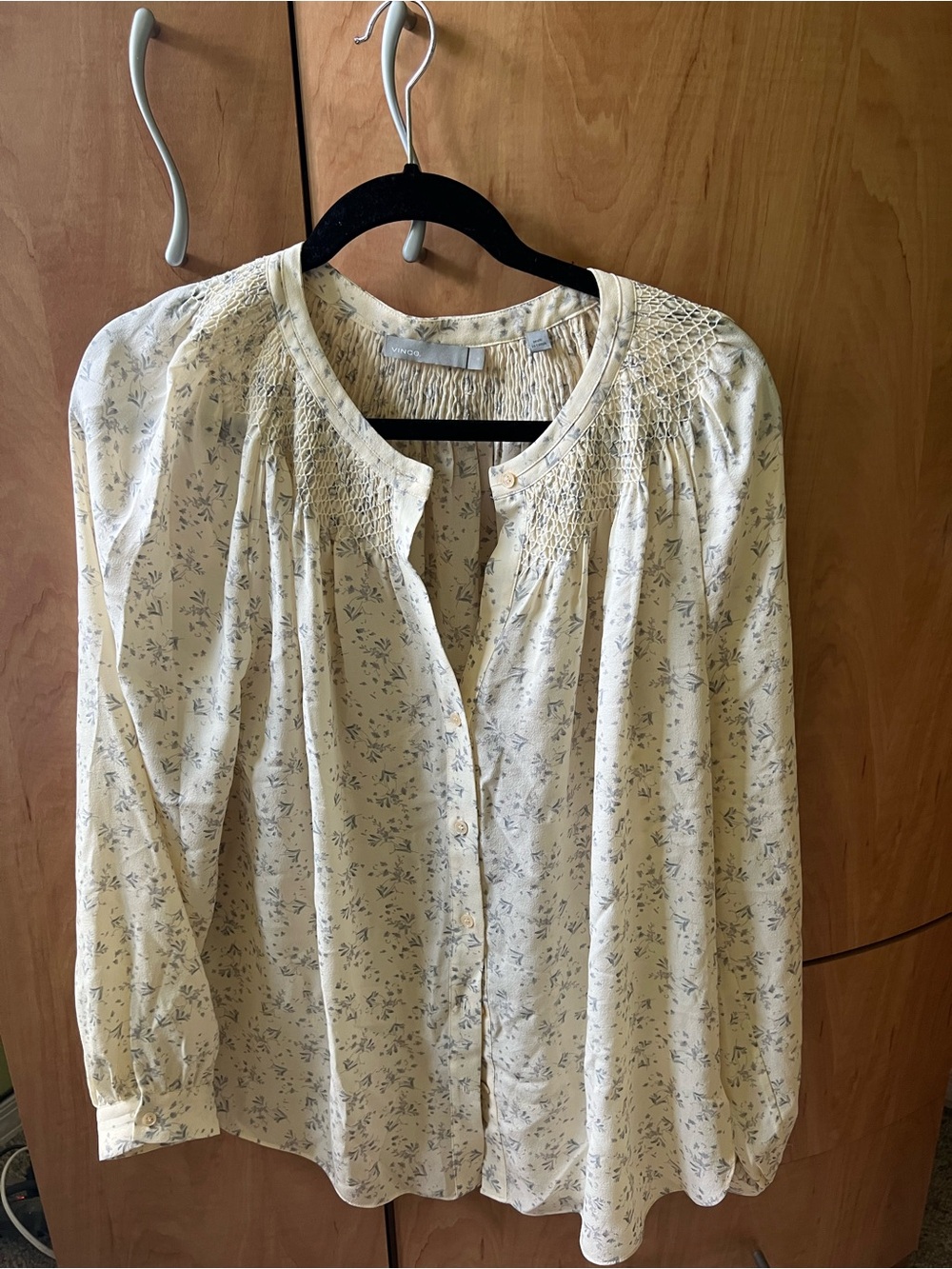 Vince Cream Floral Smocked Yoke Button-Down Blouse